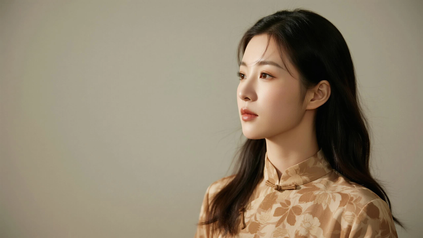 AI纯色极简优雅旗袍浅咖慵懒安静古典少女,无水印壁纸