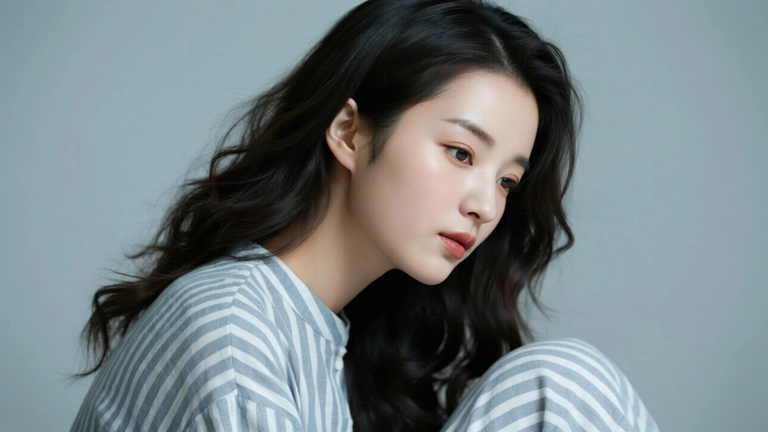 AI清新治愈模特穿搭雾灰蓝条纹棉麻衬衣裙淡然少女纯色背景,电脑壁纸