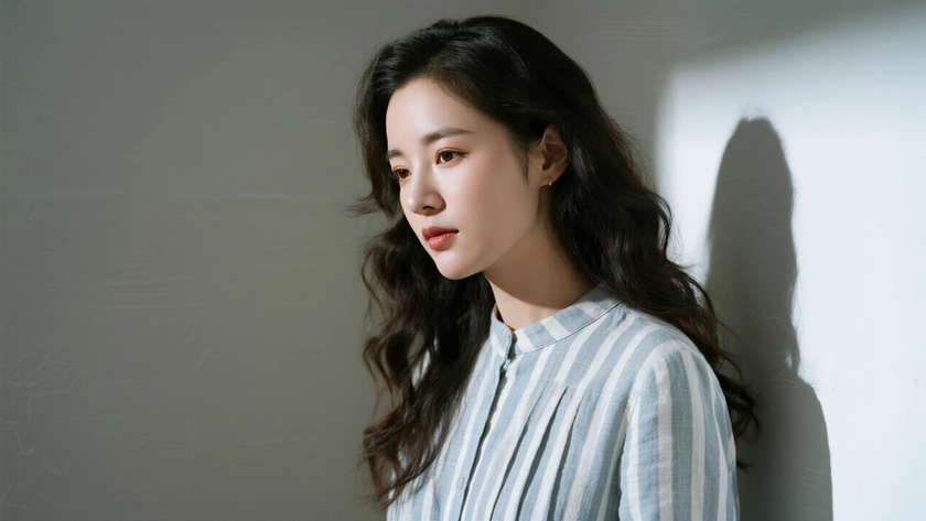AI柔光清新治愈中分羊毛长卷发温柔女生侧脸雾蓝底色,桌面壁纸