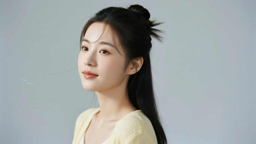 AI清新治愈模特穿搭浅杏黄针织开衫元气少女纯色背景,电脑壁纸