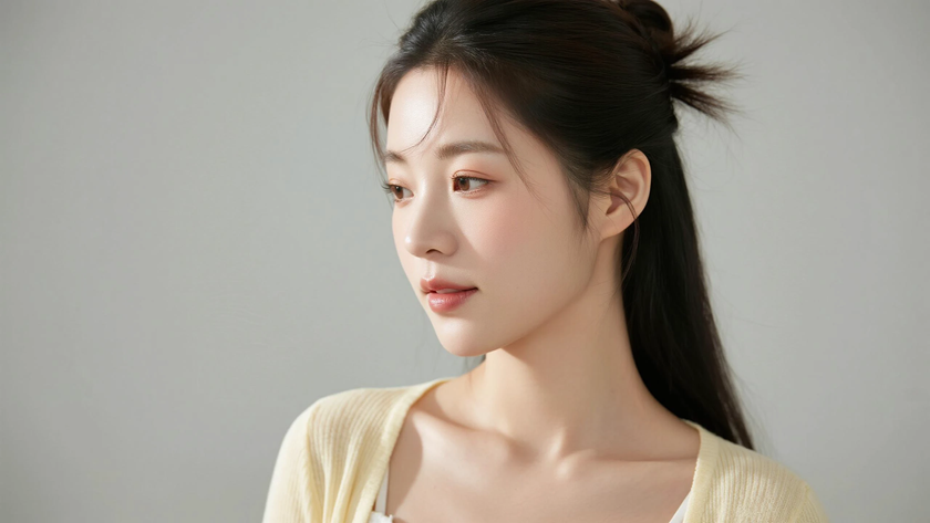 AI柔光清新治愈半扎丸子长发灵动女生侧脸浅杏底色,桌面壁纸