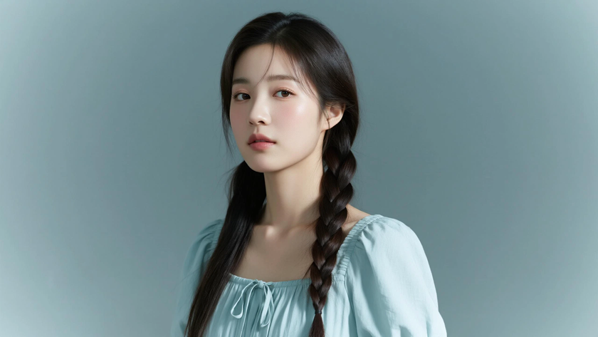 AI清新治愈模特穿搭浅青灰方领连衣裙素雅少女纯色背景,电脑壁纸