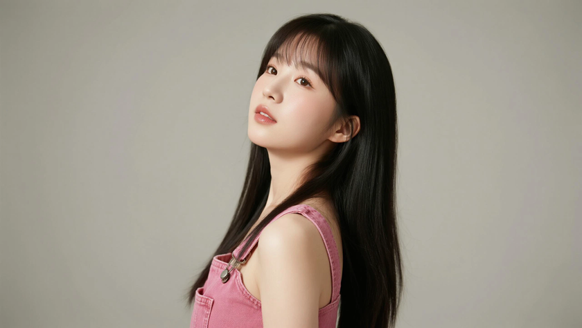 AI柔光清新治愈顺滑黑长直发干净女生侧脸蜜桃底色,桌面壁纸