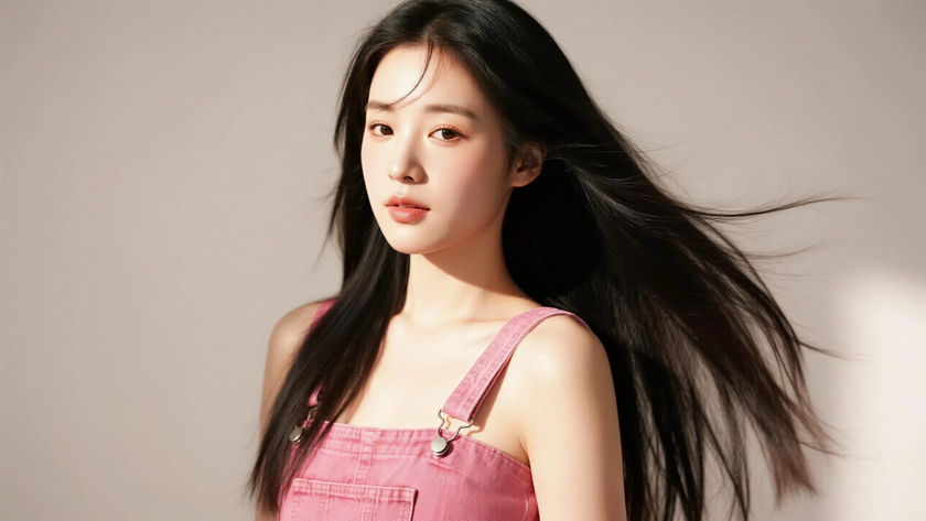 AI纯色极简清新治愈蜜桃粉清甜灵动少女,无水印壁纸