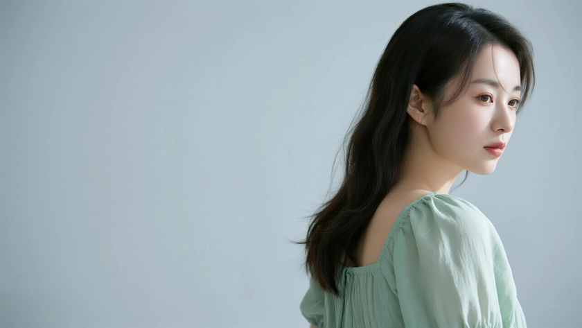 AI柔光清新治愈低层次蓬松中长发柔和女生侧脸苔绿底色,桌面壁纸