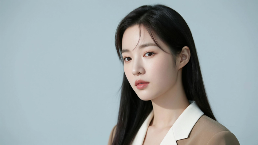 AI柔光清新治愈顺直低马尾长发干净女生侧脸奶白棕底,桌面壁纸