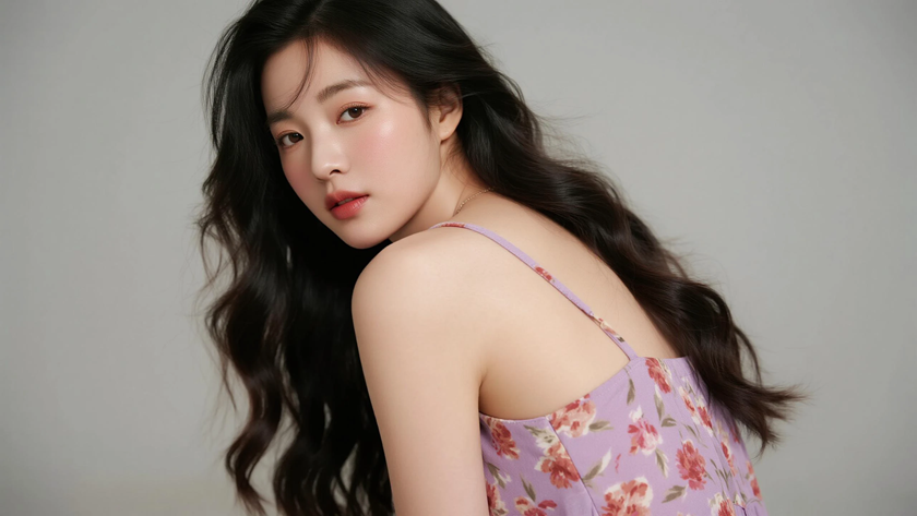 AI柔光清新治愈羊毛外翻长卷发柔媚女生侧脸藕荷底色,桌面壁纸