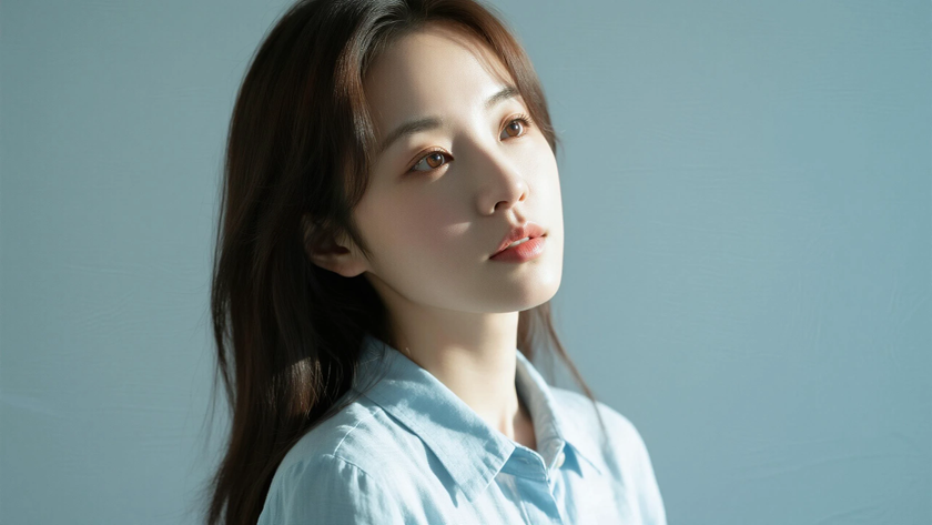 AI柔光清新治愈内扣锁骨长发清雅女生侧脸湖青底色,桌面壁纸