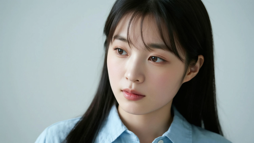 AI清新治愈模特穿搭浅湖青亚麻衬衫恬淡少女纯色背景,电脑壁纸
