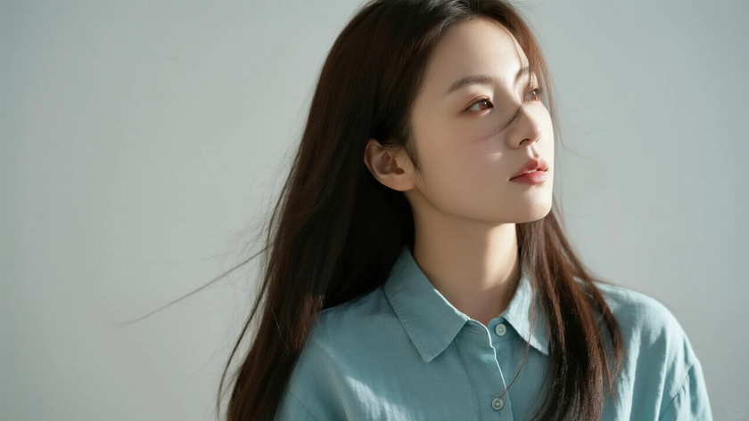 AI纯色极简清新治愈浅湖青干净恬淡少女,无水印壁纸