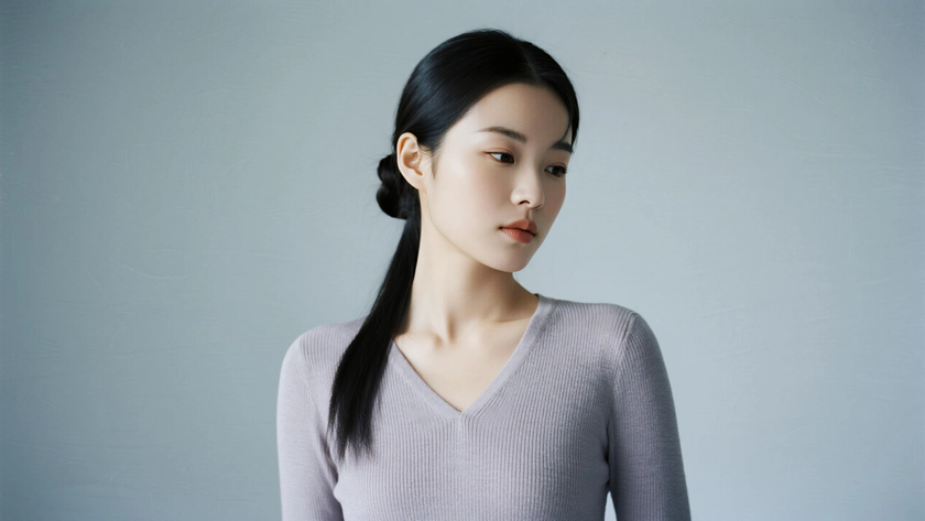 AI柔光清新治愈侧边低挽花苞长发娴静女生侧脸芋灰底色，桌面壁纸