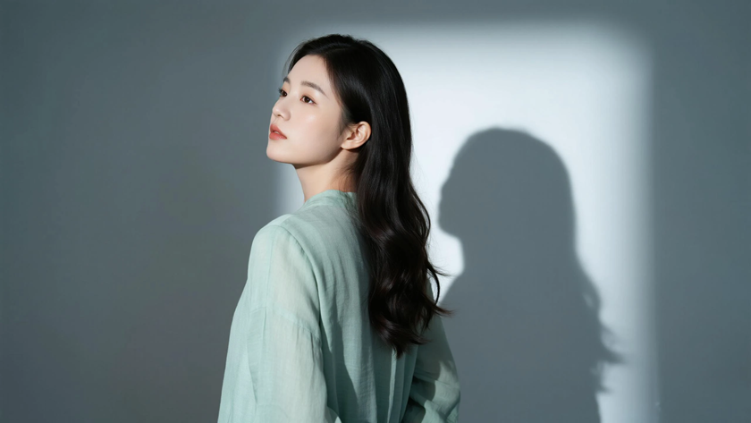 AI清新治愈模特穿搭浅墨绿阔腿棉麻套装松弛少女纯色背景,电脑壁纸