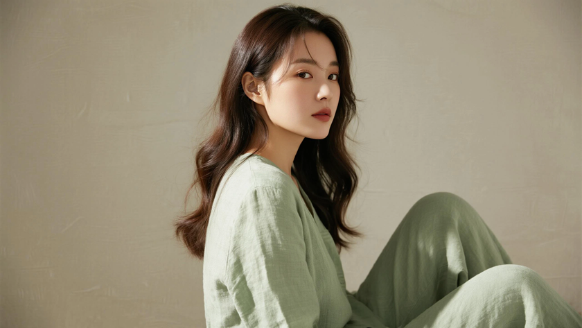 AI柔光清新治愈中分柔顺微卷长发清雅女生侧脸墨绿底色,桌面壁纸