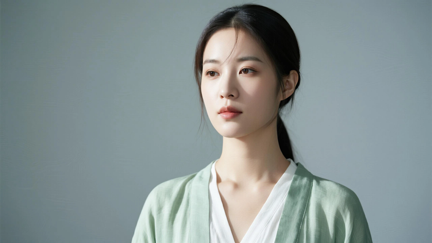 AI纯色极简清新治愈浅墨绿淡然松弛少女,无水印壁纸