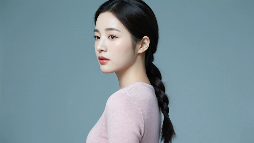 AI柔光清新治愈低束细发辫长发温婉女生侧脸豆沙底色，桌面壁纸