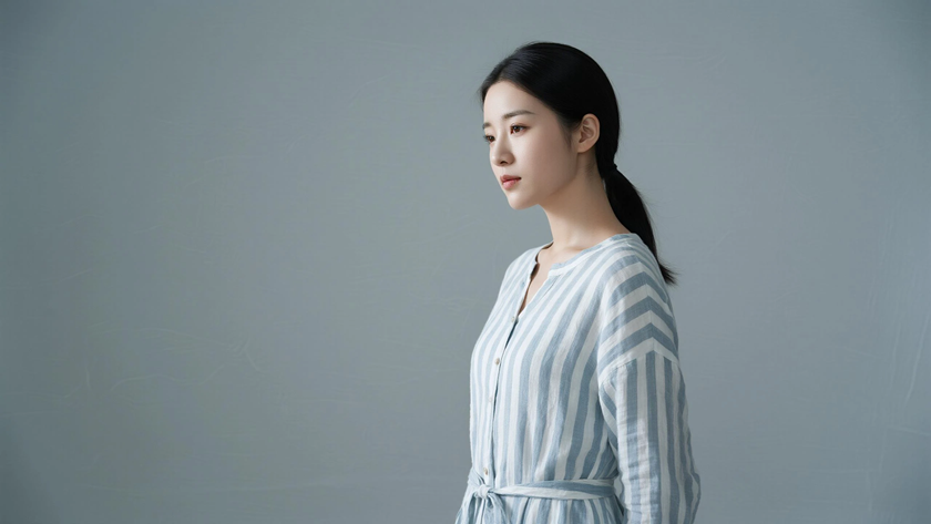 AI柔光清新治愈中分羊毛长卷发温柔女生侧脸雾蓝底色,桌面壁纸