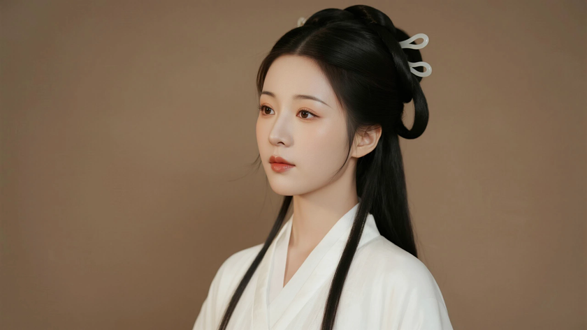 AI氛围感国风美人玉簪双环长发髻柔和少女侧浅白底色，桌面壁纸