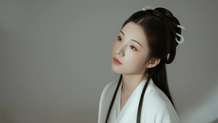 AI国风美人穿搭月白宋制襦裙清雅女子正面纯色背景，电脑壁纸