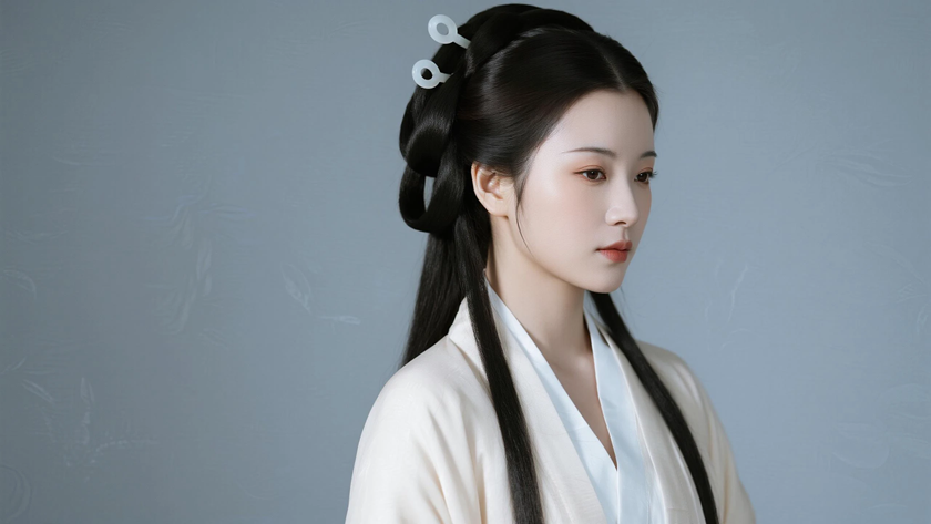 AI浅调柔光国风美人素雅清冷古装女子，高清壁纸
