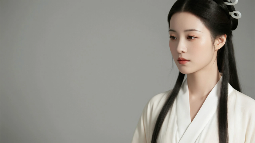 AI纯色极简国风美人月白简约清雅古风佳人，无水印壁纸