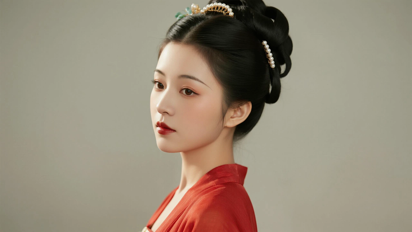 AI氛围感国风美人珍珠步摇高盘长发明艳女子侧朱红底色,桌面壁纸