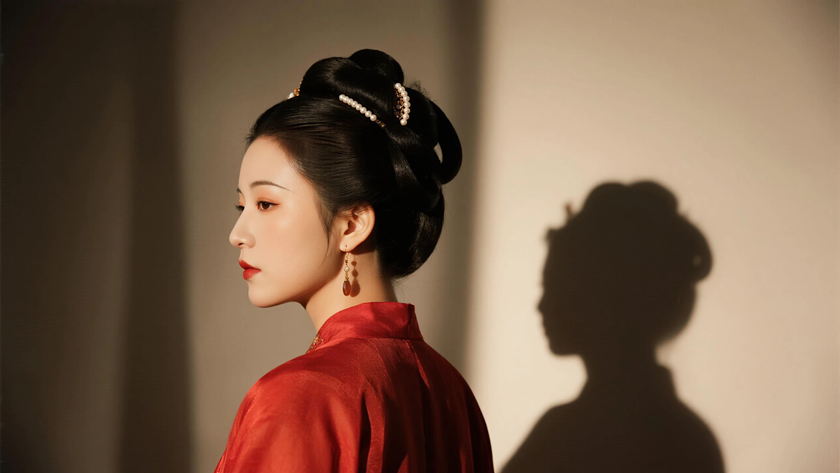 AI国风美人穿搭朱砂红唐制齐胸裙华贵仕女正面纯色背景,电脑壁纸
