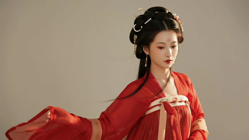 AI纯色极简国风美人朱红浓郁复古古风佳人,无水印壁纸