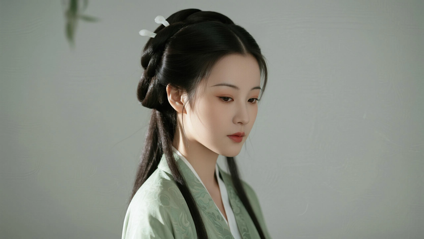 AI国风美人穿搭豆青明制褙子恬静女子正面纯色背景,电脑壁纸