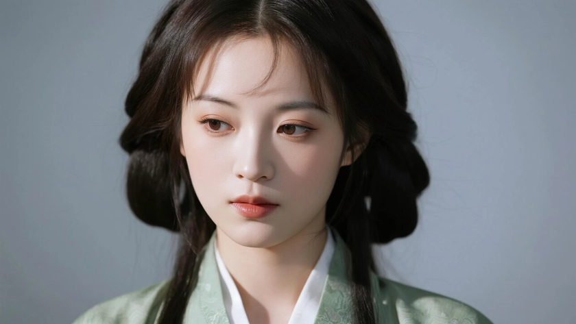 AI氛围感国风美人古风羊毛长卷发柔和少女侧豆青底色,桌面壁纸