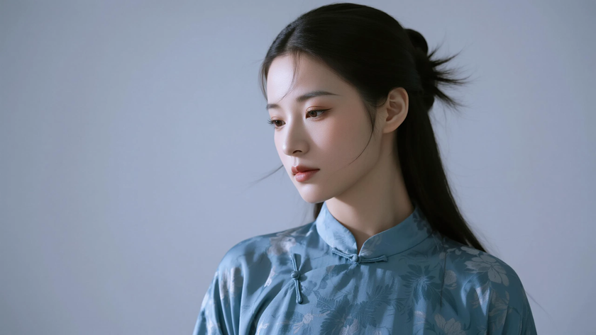 AI国风美人穿搭雾霾蓝暗花旗袍清冷女子正面纯色背景,电脑壁纸