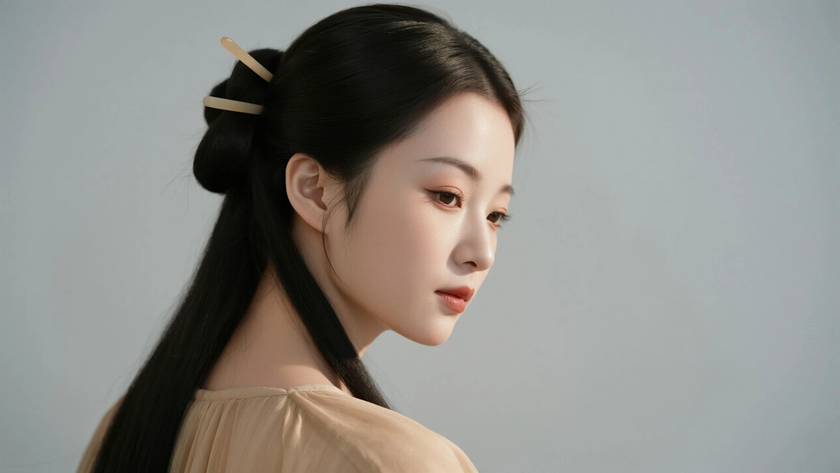 AI国风美人穿搭浅杏宋制吊带裙温润少女正面纯色背景,电脑壁纸