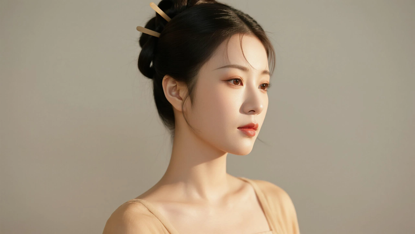 AI氛围感国风美人木簪低挽长发髻柔和女子侧浅杏底色,桌面壁纸