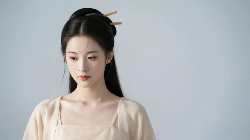AI纯色极简国风美人浅杏柔和恬淡古风佳人,无水印壁纸