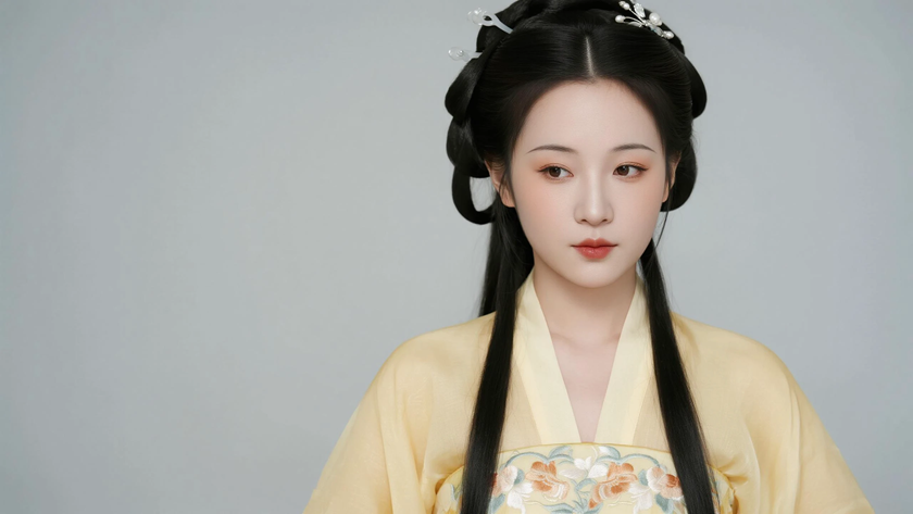 AI国风美人穿搭鹅黄绣花唐裙娇俏少女正面纯色背景,电脑壁纸
