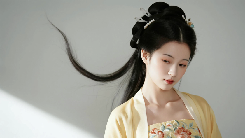 AI氛围感国风美人银饰长发丸子头元气少女侧鹅黄底色,桌面壁纸