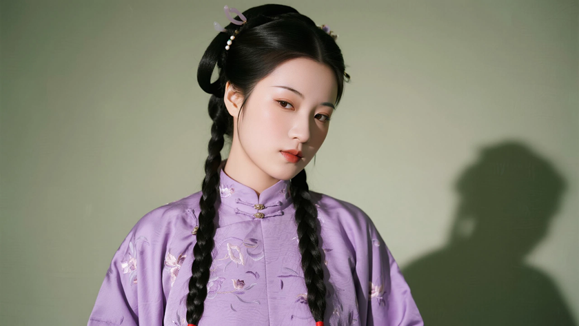 AI国风美人穿搭芋紫绣花马面裙柔媚仕女正面纯色背景,电脑壁纸