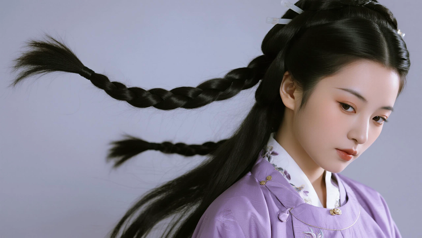 AI氛围感国风美人古风修长双麻花辫温婉少女侧芋紫底色,桌面壁纸