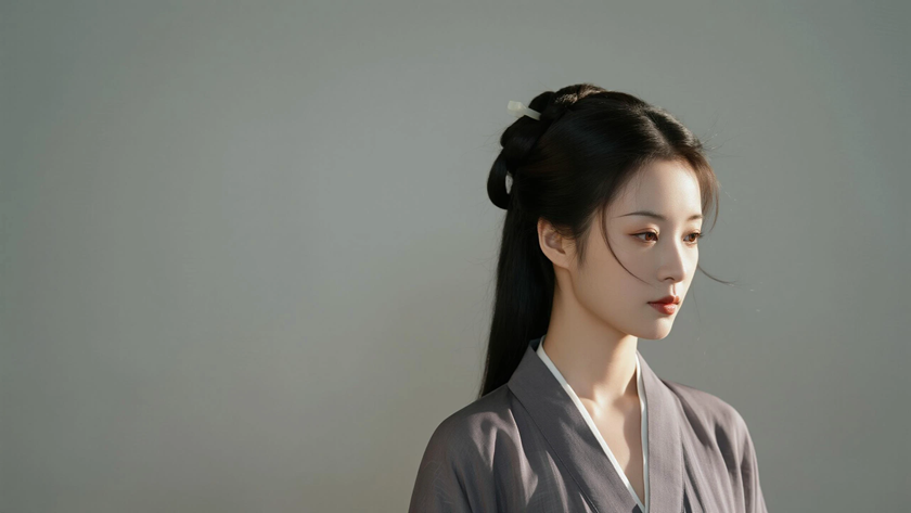 AI氛围感国风美人层次蓬松及肩长卷发简约少女侧炭灰底色,桌面壁纸