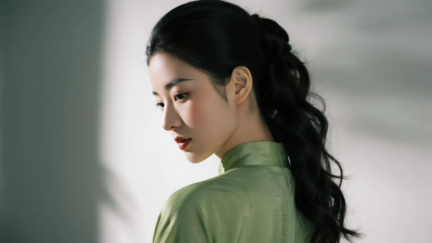 AI国风美人穿搭青柠绿长款旗袍清爽少女正面纯色背景,电脑壁纸