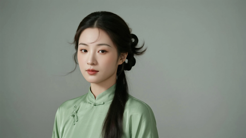AI氛围感国风美人半扎蓬松微卷长发恬静少女侧浅绿底色,桌面壁纸