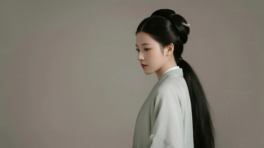 AI国风美人穿搭奶灰棉麻交领衫娴静女子正面纯色背景，电脑壁纸