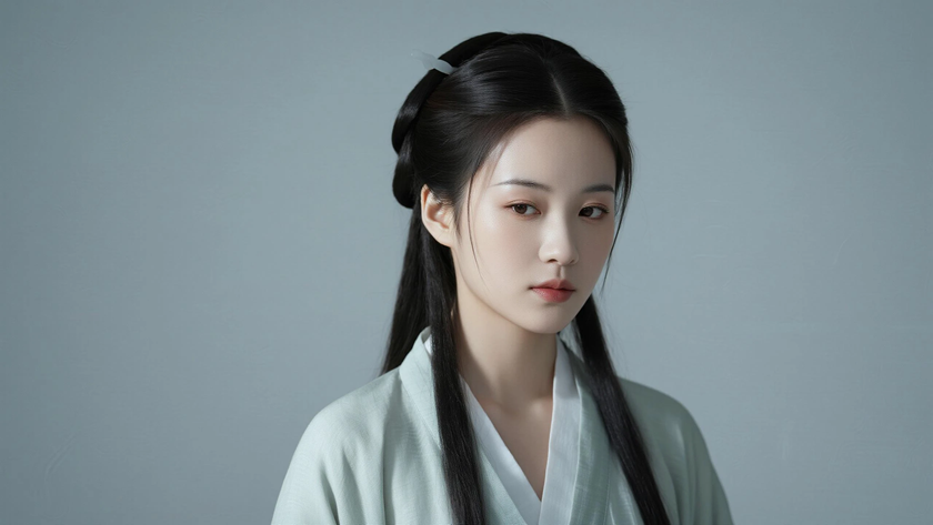 AI氛围感国风美人高颅顶柔顺长马尾温婉女子侧奶灰底色，桌面壁纸