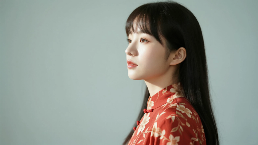 AI国风美人穿搭砖红碎花汉裙文艺女子正面纯色背景，电脑壁纸