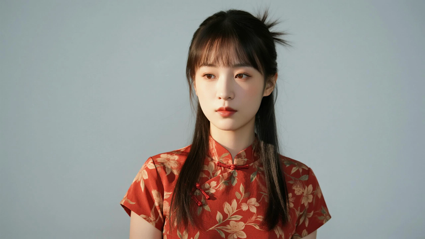 AI氛围感国风美人空气刘海飘逸长碎发随性少女侧砖红底色，桌面壁纸