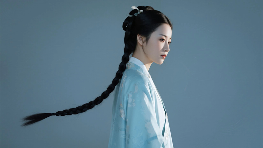 AI氛围感国风美人侧边纤细长辫柔和少女侧浅蓝底色,桌面壁纸