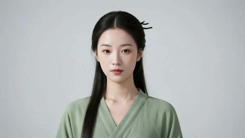 AI国风美人穿搭豆沙绿古风针织裙恬淡女子正面纯色背景,电脑壁纸