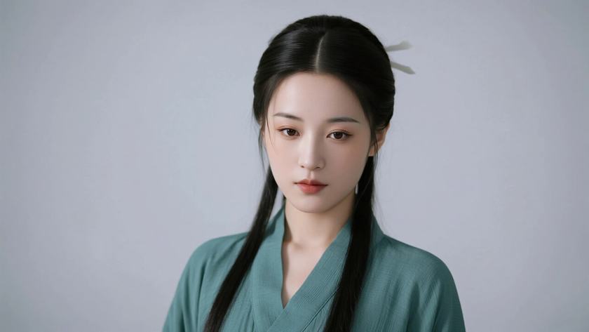 AI国风美人穿搭豆沙绿古风针织裙恬淡女子正面纯色背景,电脑壁纸