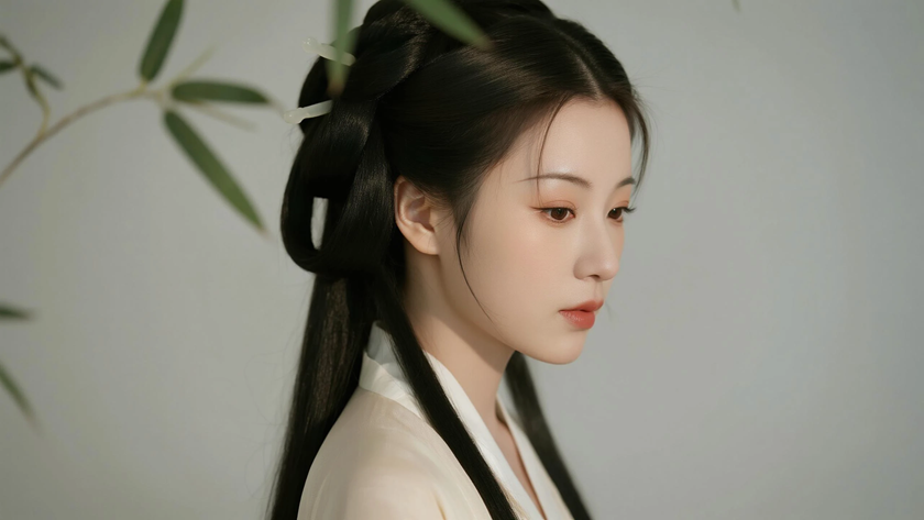 AI国风美人穿搭奶白唐制长款襦裙灵动少女正面纯色背景，电脑壁纸