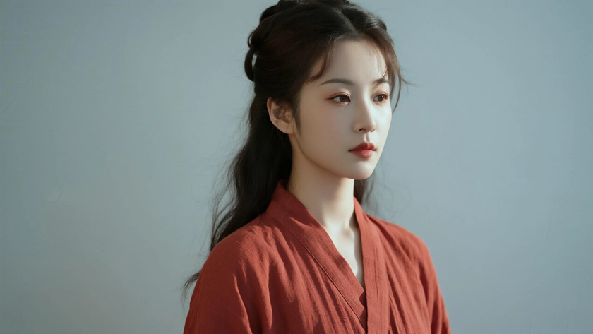 AI氛围感国风美人微卷披肩飘逸长发温柔女子侧枣红底色,桌面壁纸