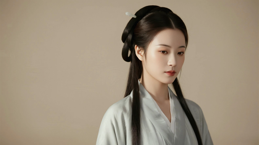 AI国风美人穿搭浅灰紫明制长衫闲适女子正面纯色背景，电脑壁纸